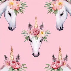 Whimsical Pink Background with Unicorns and Floral Accents Design