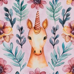 Enchanting Unicorn Surrounded by Colorful Flowers and Leaves