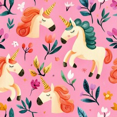 Colorful Unicorns with Flowers on Pink Background for Children