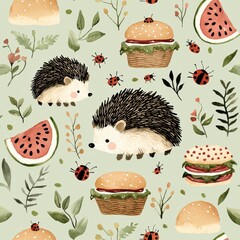 Playful Hedgehog and Food Pattern with Watermelon and Flowers