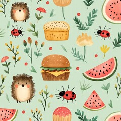 Cute Pattern Design with Hedgehogs, Food, and Nature Elements