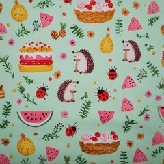 Colorful cartoon pattern with hedgehogs, fruits, and desserts
