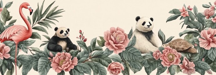 Tropical Jungle Scene with Pandas, Turtle, Flamingo and Flowers
