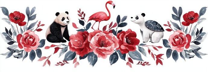 Cute Animals Surrounded by Colorful Flowers in a Botanical Design