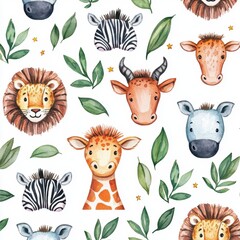 Playful Safari Animals and Leaves Pattern for Children's Design