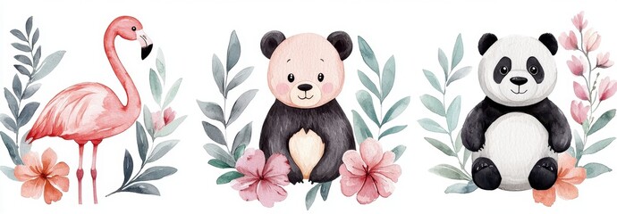 Cute Animals and Tropical Plants Illustration for Children’s Decor