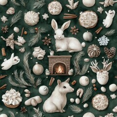 Winter Wonderland Pattern with Rabbits, Ornaments, and Vegetation