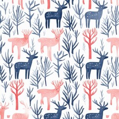 Whimsical Forest Pattern with Colorful Deer and Trees Illustration