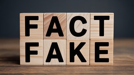 Wooden blocks spell out fact and fake contrasting truth and falsehood
