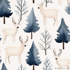 Whimsical Forest Pattern with Deer and Spruce Trees on a Light Background