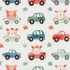 Cute Cartoon Cars and Animals Pattern for Kids Bedroom Decor