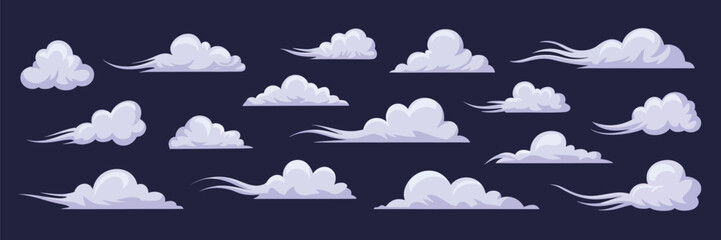 Cartoon Smoke and Cloud Vector Collection,  Flat illustration set with various smoke curls and cloud shapes on dark blue background, ideal for weather, vapor, and fantasy design projects.