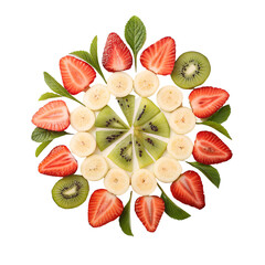 Luxury Fruit Slices Flat Lay with Strawberries Kiwi Banana and Blueberries, Elegant Arrangement on White Background,Top View of Artistic Fruit Composition, Fresh Colorful Slices in Luxury Studio Style