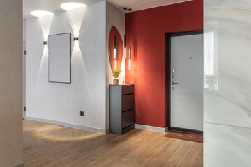 Stylish Apartment Hallway with Red Accent and Lighting