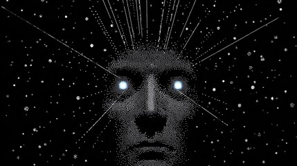 A grayscale image of a face, detailed with tiny dots, set against a backdrop of radiating light and countless small points, evoking a sense of digital consciousness and cosmic connection.