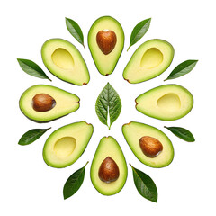 Minimalistic Avocado Composition with Halves and Slices Symmetrically Arranged, Bright Green Tones on White Background,Clean Avocado Layout with Fresh Green Halves and Slices, Healthy Minimal Food 