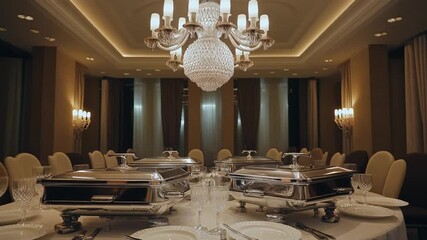 A large, elegantly set banquet hall with chafing dishes on tables, beige chairs, and a stunning chandelier in a warmly lit, luxurious atmosphere with brown curtains. - Powered by Adobe