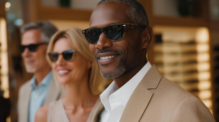 A diverse group of customers trying on stylish prescription glasses in front of mirrors, highlighting inclusivity, eyewear fashion, vision correction, and the positive experience of shopping for