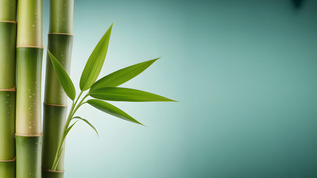 Fresh Green Bamboo Stalks and Leaves with Water Droplets Against a Soft Blue Background, Spa and Wellness Concept with Copy Space