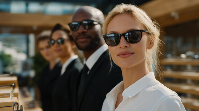 A multicultural team of optical store employees arranging eyeglass displays, symbolizing teamwork, diversity, brand presentation, and the behind-the-scenes coordination in optical retail