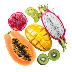 Mixed Tropical Fruits Sliced in Artistic Layout Papaya Dragon Fruit Mango Kiwi Isolated on White Background,Colorful Exotic Fruit Arrangement with Fresh Slices, Healthy Tropical Food Concept Design