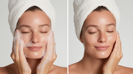 A woman with clean, clear skin is washing her face in the morning and at night with white foam on her face. Ai generated