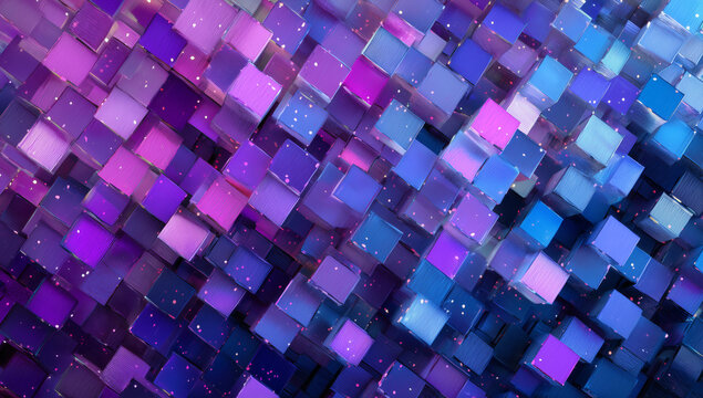 Dise&ntilde;o digital con cubos tridimensionales en tonos p&uacute;rpura, rosa y azul, que crean una textura geom&eacute;trica envolvente. Perfecto para proyectos de arte digital, tecnolog&iacute;a visual y est&eacute;tica futurista.
