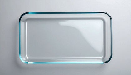 Empty clear rectangular glass tray on gray surface, flat lay, clean design for product presentation