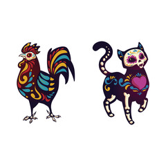 Day of the dead, Dia de los muertos characters dancing Catrina or mariachi musician, cat and cock skeletons decorated with Mexican elements. Halloween holiday party, fest, Cartoon vector illustration