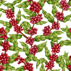 Watercolor seamless pattern with coffee branches, red berries, and leaves. Perfect for coffee shop branding, packaging design, cafe menus, and textile prints.