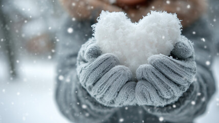 Woman's hands in grey knitted gloves holding a heart-shaped snow sculpture on a blurred winter background. Ai generated