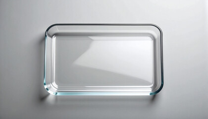 Empty clear rectangular glass tray on gray surface, flat lay, clean design for product presentation