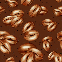 Seamless hand-painted watercolor pattern of roasted coffee beans. Great for coffee shop branding, menu design, product packaging, and cafe backgrounds.