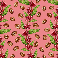 A watercolor seamless pattern with coffee twigs, red berries and leaves, and roasted coffee beans. Perfect for coffee shop branding, packaging design, menus, and textile prints.