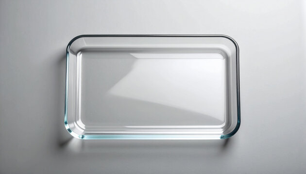 Empty clear rectangular glass tray on gray surface, flat lay, clean design for product presentation