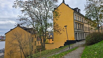 Streets and houses in the center of the old town in Stockholm, Sweden.