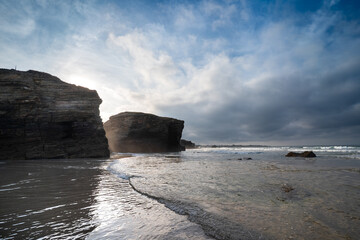 Beach of the Cathedrals view at sunset. Seascape. Lugo. Galicia. Spain