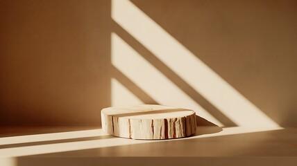 Natural wood slice podium with soft shadow and light casting on wall