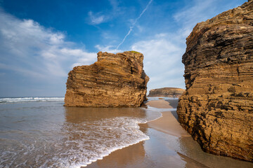 Beach of the Cathedrals view at sunset. Seascape. Lugo. Galicia. Spain