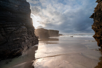 Beach of the Cathedrals view at sunset. Seascape. Lugo. Galicia. Spain
