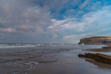 Beach of the Cathedrals view at sunset. Seascape. Lugo. Galicia. Spain