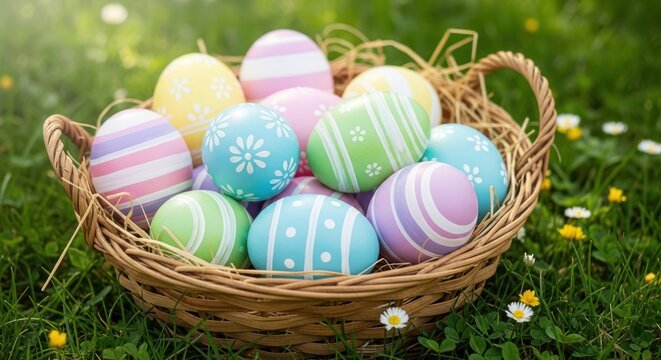 A basket of colorful Easter eggs on a grassy lawn with daisies.