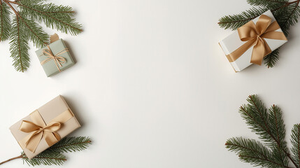 Overhead view of three elegantly wrapped gift boxes with gold ribbons and green pine branches on a clean white background, perfect for holiday greetings.