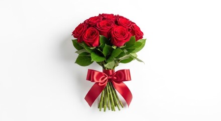 A bouquet of red roses with a red ribbon on a white background.