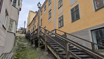 Streets and houses in the center of the old town in Stockholm, Sweden.