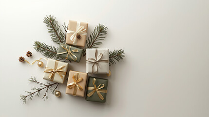 Elegant Christmas gift boxes with pine branches and golden decorations arranged on a clean white background, conveying festive holiday spirit.