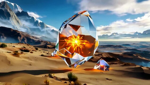 Mysterious Glowing Crystal Formation Floating Above Arid Desert Landscape with Snow Capped Mountains