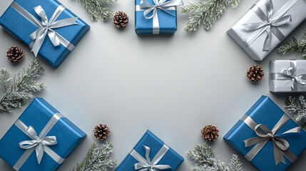 festive blue and silver gift boxes with frosted fir branches and pine cones arranged in a circle on a light grey background, creating a holiday frame.