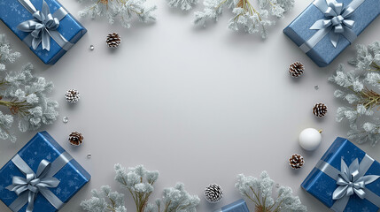 Festive blue and silver gift boxes with frosted fir branches and pine cones arranged in a circle on a light grey background, creating a holiday