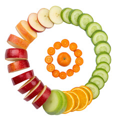Spiral Pattern of Fruit and Vegetable Slices with Vibrant Contrast, Isolated on White Background,Colorful Spiral Arrangement of Fresh Fruits and Vegetables, Healthy Food Design Concept